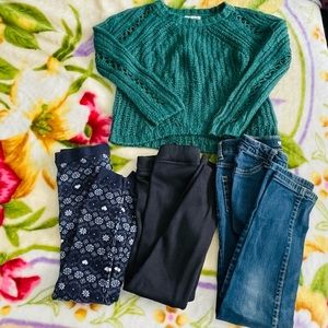 Tucker + Tate Knit Girls Sweater Bundle- 2 leggings & Straight Leg Jeans- 4 pcs
